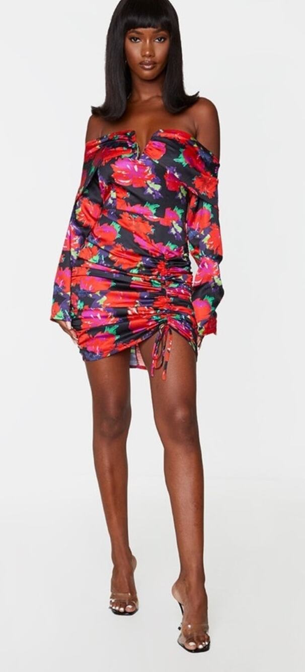 Pretty Little Thing Black Floral Bardot Bodycon Dress - US 12